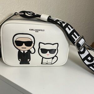 Karl Lagerfeld Paris White Camera Bag with Cat Graphic & Guitar Strap